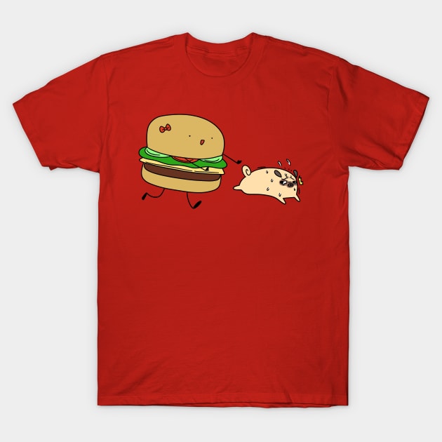 Hamburger Chasing Pug T-Shirt by saradaboru